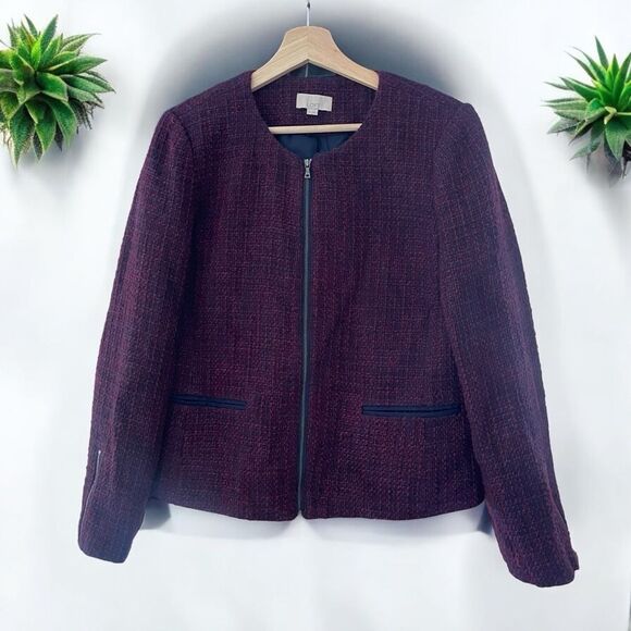 LOFT Wool Blend Boucle Tweed Zip Blazer Jacket in Plum - Picture 4 of 10